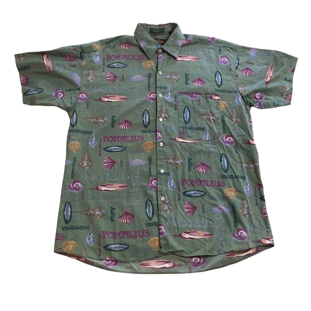 Newport Collection Mens Green‎ Seashell Print Cotton Poplin Button Down Shirt M